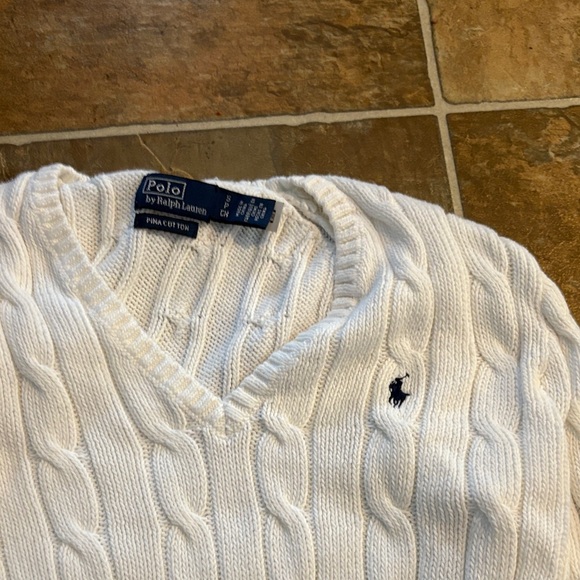 Polo Ralph Lauren White V-Neck Cable Knit Sweater - Picture 2 of 3